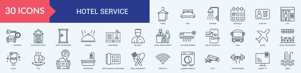 Hotel service icon collection set with towel, bed, shower, schedule, card vip