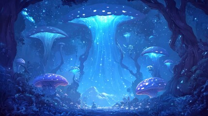 Fototapeta premium Dark enchanted forest with eerie twisted trees, glowing mushrooms, and a mysterious mist