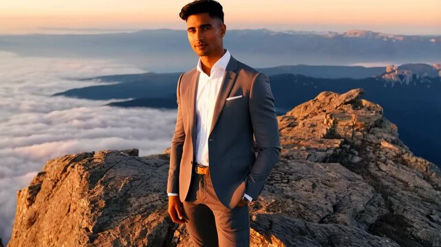 Man in a business suit against the mountain backdrop, appears resolute and goal-oriented