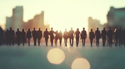 Naklejka premium Silhouetted people walking city sunset teamwork