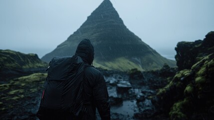 Fototapeta premium Hiker with a backpack stands on a rocky path looking at Kirkjufell mountain in Iceland under an overcast sky.