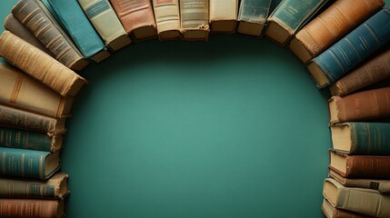 Obraz premium Vintage books arranged in an arch on a teal background, evoking nostalgia and learning