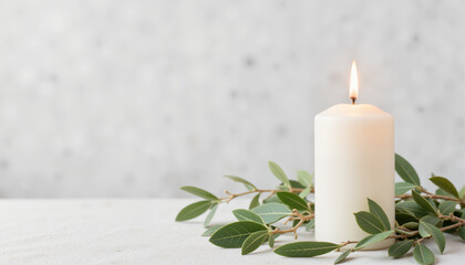 White candle glowing beside olive branch, symbolizing peace and serenity