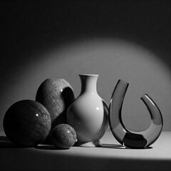 Rounded, tactile items presented in a sleek, minimalist still life with dramatic chiaroscuro, sophisticated black and white color scheme, high level of detail, Dutch lighting