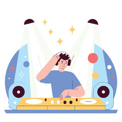 A cartoon-style illustration of a DJ from an unspecified ethnicity playing music at a vibrant party setup with colorful elements.