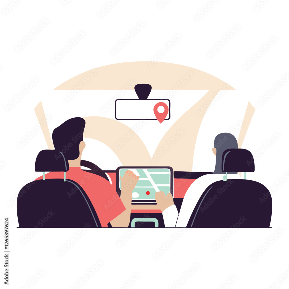 Poster a stylized vector illustration showing a diverse group of people in a car with a dashboard and navig