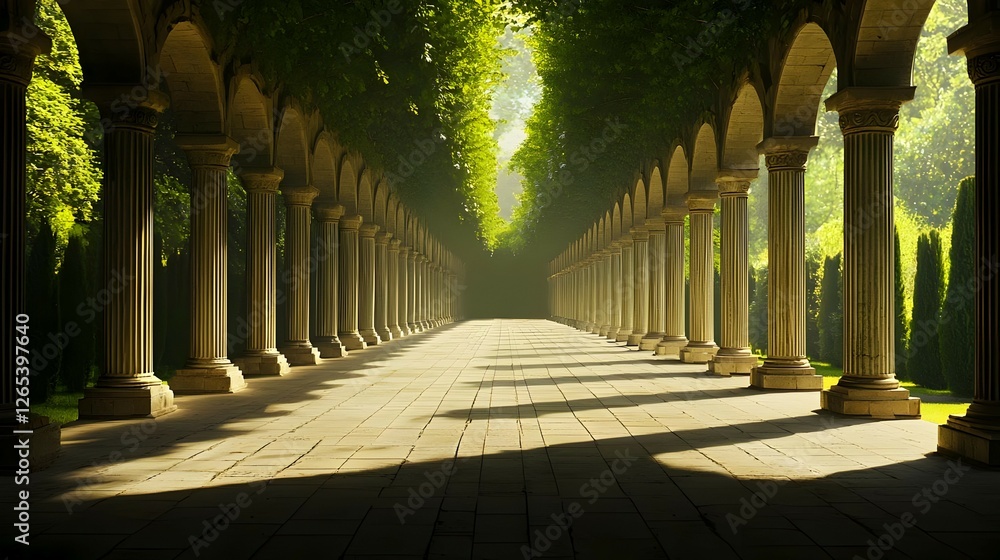 Poster sunlit pathway through stone columns and lush trees