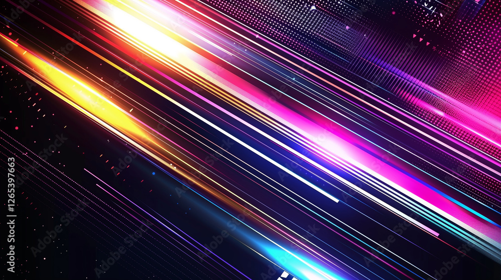 Poster A Vibrant Vector Background for Event Design. Dynamic Gradient Lines in Pink, Purple, and Blue on a Dark Backdrop. Abstract, Futuristic, and Glowing Line Pattern with Copy Space. Modern Technology Vec