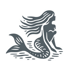 Mermaid logo style icon. Vintage black and white hand drawn vector illustration.