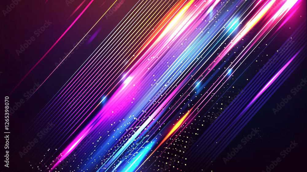 Poster A Vibrant Vector Background for Event Design. Dynamic Gradient Lines in Pink, Purple, and Blue on a Dark Backdrop. Abstract, Futuristic, and Glowing Line Pattern with Copy Space. Modern Technology Vec