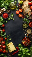 Italian Food Ingredients Flat Lay on Dark Surface with Fresh Herbs and Spices