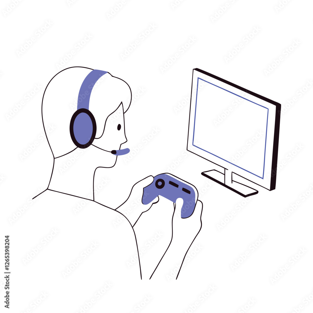 Poster this is a vector art illustration showing an individual with a headset gaming. the person appears to