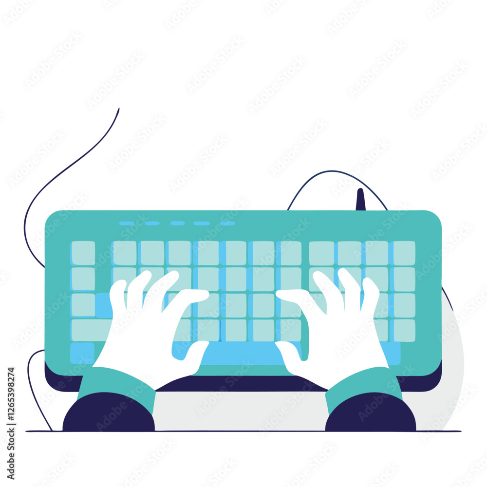 Poster a cartoon illustration showing hands of a dark-skinned person typing on a colorful keyboard, surroun
