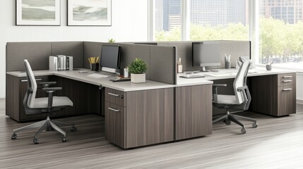 Modern Office Workspace Design:  Efficient and Stylish Cubicles with Ergonomic Chairs and Natural Light