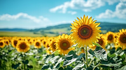 Sunny Sunflower Field, Hilly Landscape, Summer