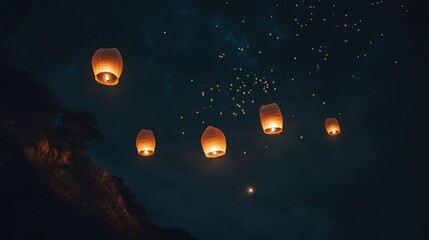 Magical Night Sky: Floating Lanterns Illuminate the Darkness with Warmth