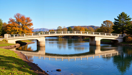 Stylized bridge reflecting on serene river, symbolizing peace