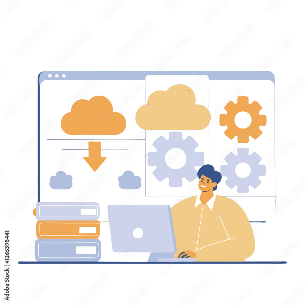 Poster a person with light skin working on a laptop, surrounded by icons representing technology and data p