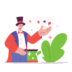 A blue-skinned magician of European descent showcases card tricks surrounded by vibrant, whimsical illustrations, reflecting a playful cartoon style.