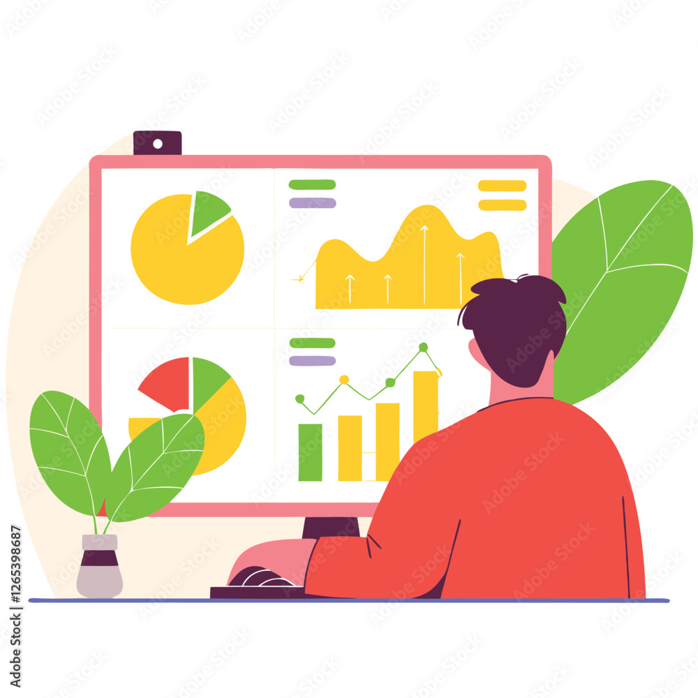 Poster a person, depicted with a light skin tone, is observing colorful data charts on a computer screen, c