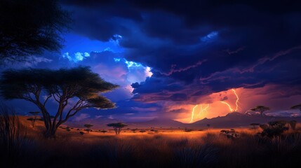 Naklejka premium A stunning landscape depicting a dramatic sky filled with dark clouds, lightning, and vibrant sunset colors over a serene savannah, capturing the raw beauty of nature.