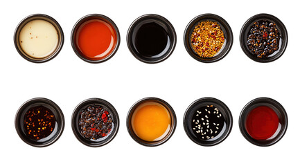 Many different sauces in bowls on white background, top view