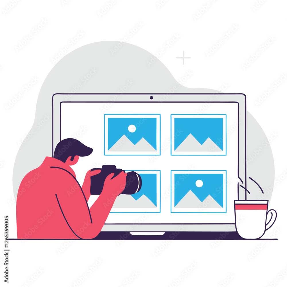 Poster a person of non-specific ethnic background is working on a computer, editing images with a cup of co