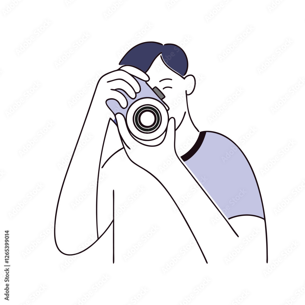 Poster an illustration showing a photographer, capturing a moment with a camera. the design is done in a mi