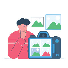 A thoughtful person, depicted in a flat cartoon style, examines a camera screen displaying various mountain images. Emphasizes creative exploration.