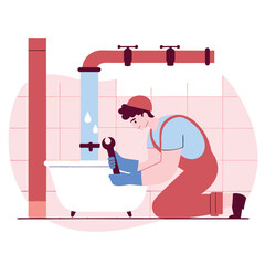 The image depicts a black male plumber in overalls working on a sink with plumbing pipes in a cartoon style. He uses a wrench to fix a leak.