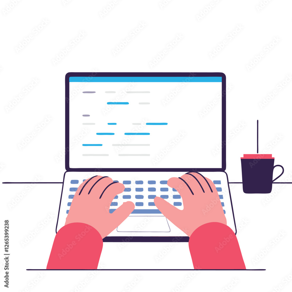 Poster this image shows a pair of hands working on a laptop, with colorful coding text displayed on the scr