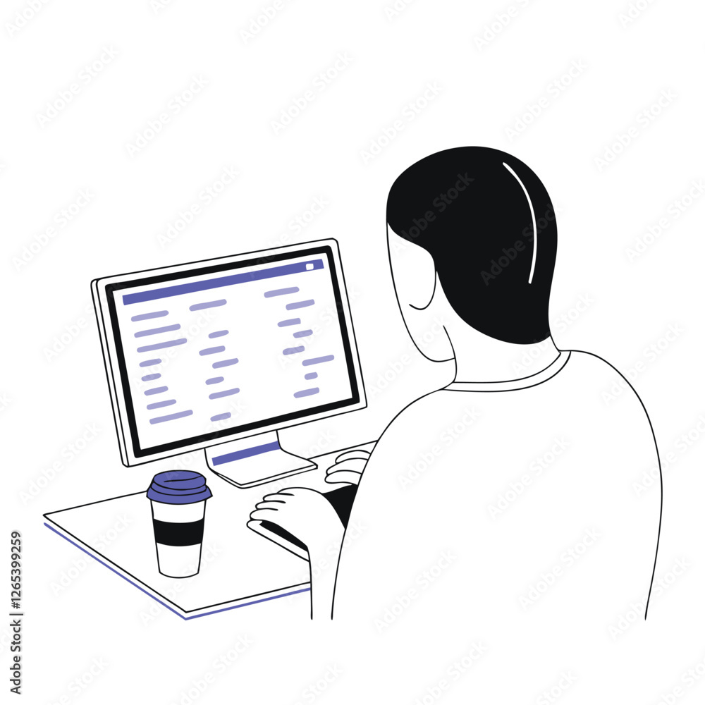 Poster an illustration of an individual working on a computer in a modern setting. the person is focused on
