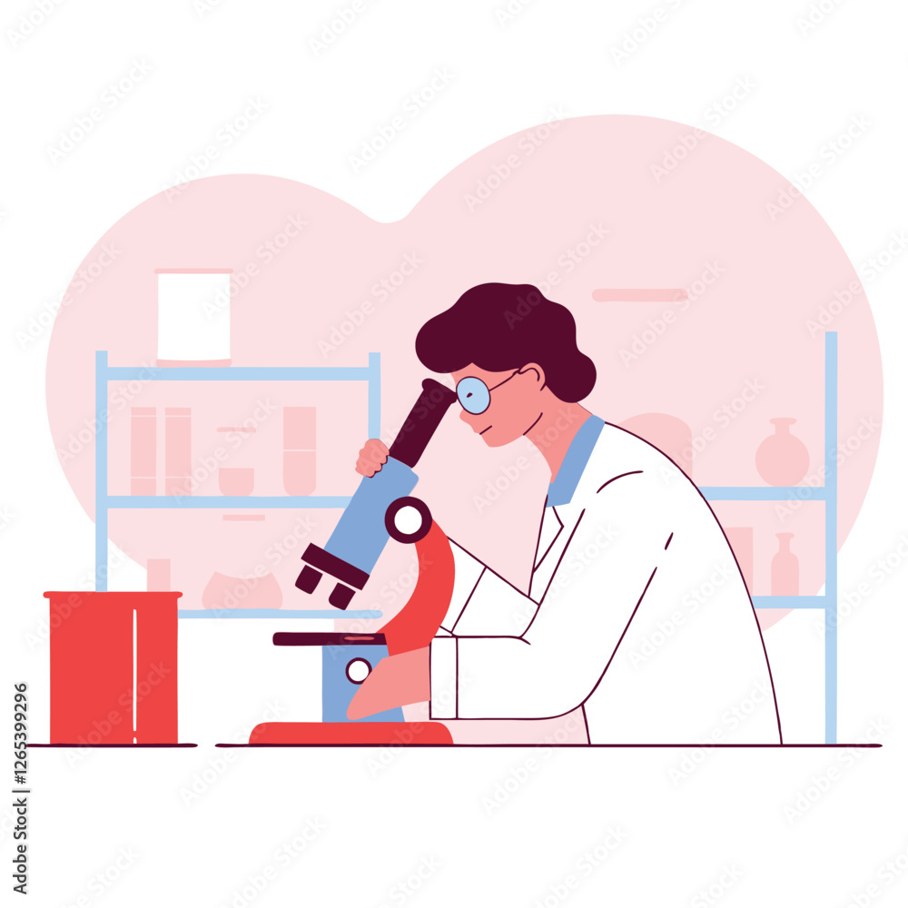 Aufkleber an illustration of a scientist, possibly of european descent, working with a microscope in a laborat