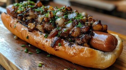 Gourmet Hotdog with Caramelized Onion and Fresh Herb Topping on a Wooden Surface Close Up