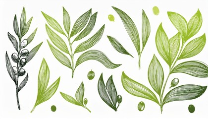 Leaf brush hand drawn ink elements. Green crayon texture brush  olive, flower, leaf  hand drawn illustration. Brush branch, botanical floral silhouette perfect any project