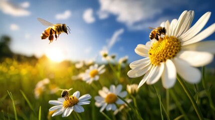Obraz premium A vibrant close-up of daisies swaying in the breeze, with bees buzzing around, capturing the essence of a sunny field in full bloom. Perfect for nature enthusiasts and floral art.