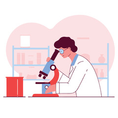 An illustration of a scientist, possibly of European descent, working with a microscope in a laboratory with various tools in the background.