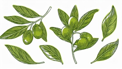 Leaf brush hand drawn ink elements. Green crayon texture brush  olive, flower, leaf  hand drawn illustration. Brush branch, botanical floral silhouette perfect any project