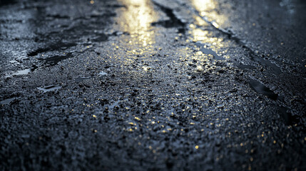 A wet and frozen road with black ice reflecting cityscape