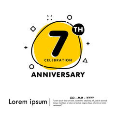 7th years anniversary celebration emblem. anniversary logo badge isolated with liquid organic shapes or irregular round blot form with doodle circle line on white background. vector illustration