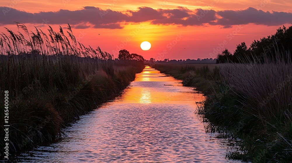 Poster sunset reflects on river stream with tall grass in meadow field with trees in distance
