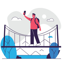 An illustration of a man with a backpack taking a selfie while standing on a bridge. The scene features trees and mountains in a modern, flat style.