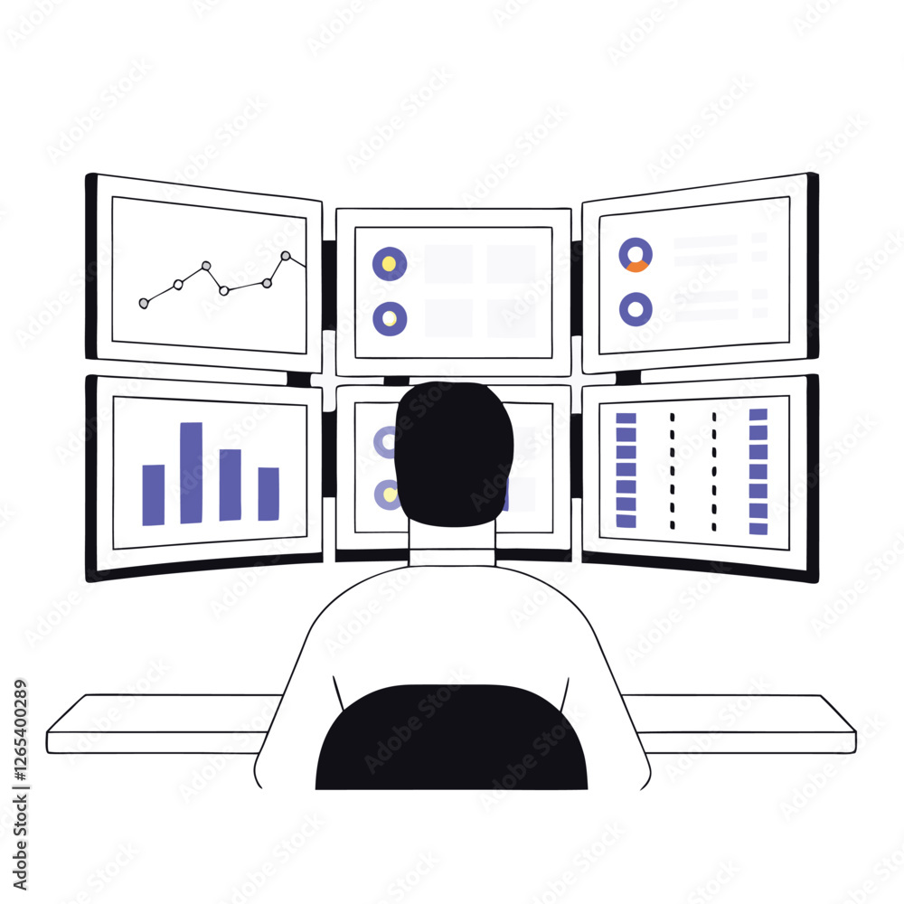 Poster a professional analyzing various data on multiple screens. the scene captures a dedicated individual