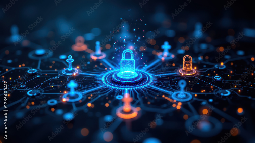 Poster a digital graphic of an intricate network with a glowing central node representing cybersecurity.