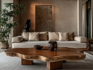 Beautifully furnished living room with a natural wood coffee table