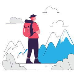 A stylized illustration of a hiker standing among mountain landscapes, showcasing a mix of warm and cool colors, highlighting adventure and exploration.