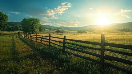 Obraz premium Golden Hour Ranch Landscape: Serene Sunset over Rolling Hills and Wooden Fence