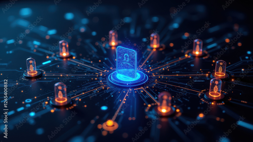 Poster a cyber network with glowing nodes and pathways against a dark background, symbolizing cybersecurity