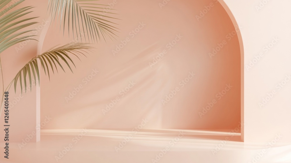 Poster minimalist peach studio with palm leaves and shadow play for product display