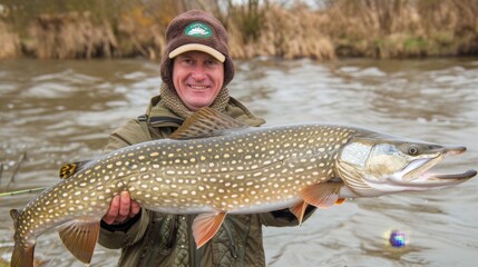 Successful fisherman proudly holding large pike fish. Trophy fishing on spinning tackle in river.